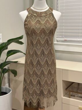 Vintage S.L. Fashions Metallic Gold Crochet Fringe Mini Dress
